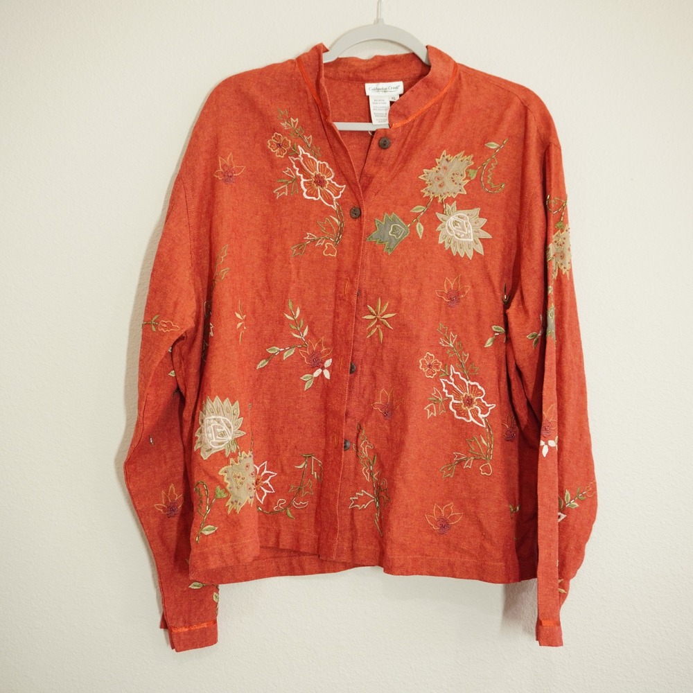 Coldwater Creek Size XL Button Up Orange Linen Embroidered Floral Fall Jacket